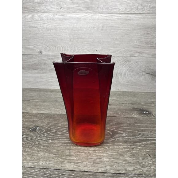 Blenko Paper Bag Vase Amberina Red To Orange Original Sticker 8-1/4” Tall - Picture 2 of 11